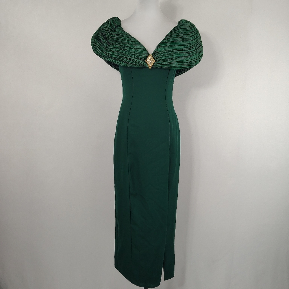 Vintage 90s Women's Hunter Green Long Maxi Dress Formal Gown Prom Elegant